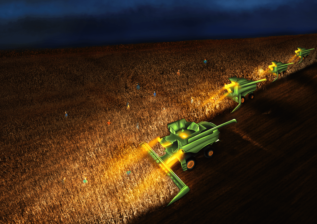 An aerial view of harvesters working in a field at dusk, with bright lights illuminating the area as they collect crops.